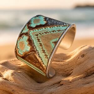 Navajo inspired Calfskin‎ Leather Bracelet Cuff